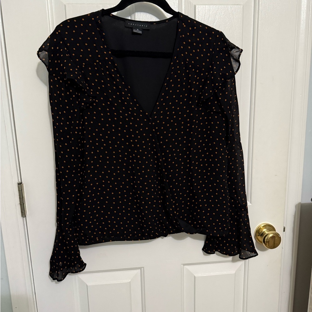 Sanctuary Black and Orange Polka Dot Blouse *GREAT USED CONDITION* - Picture 2 of 9